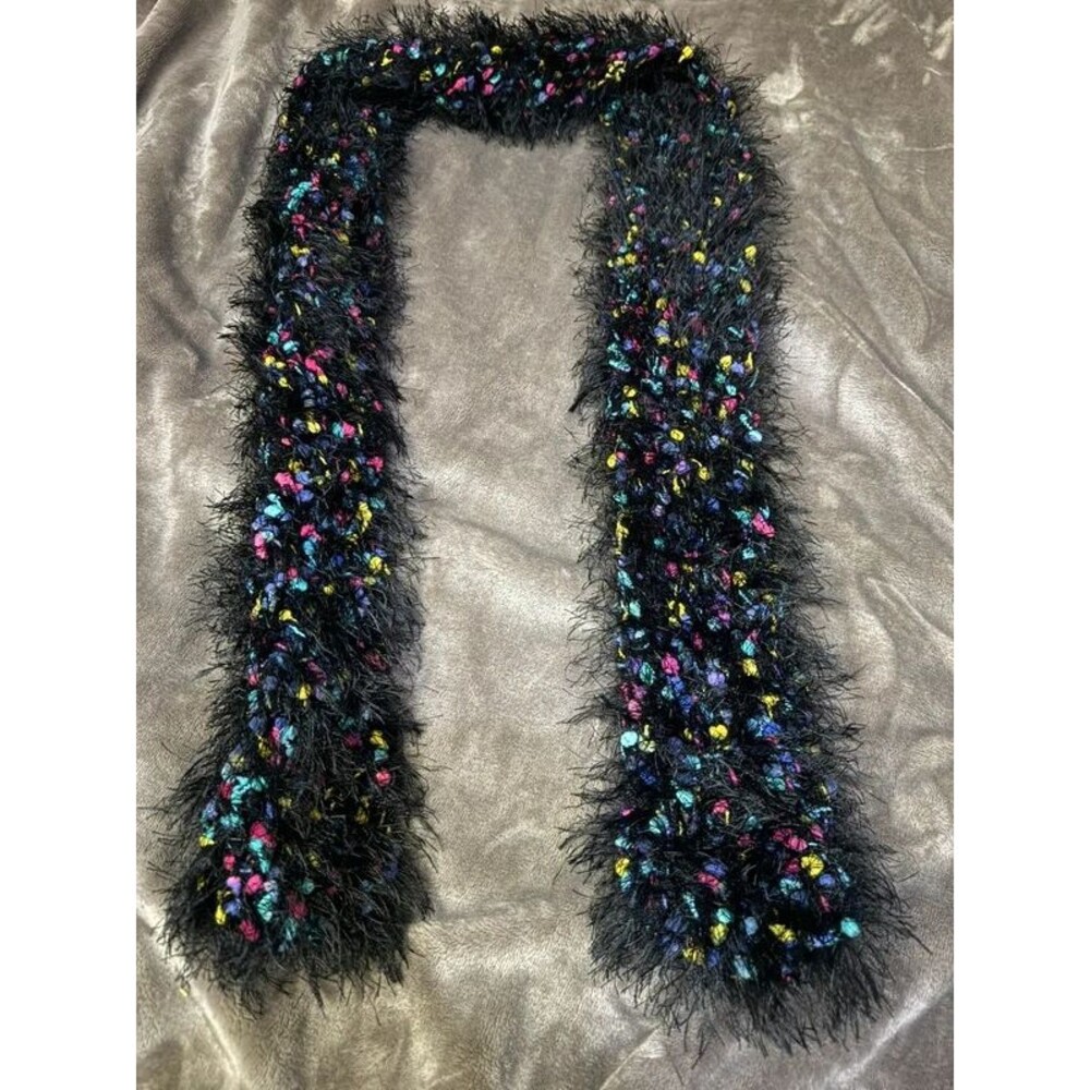 Y2K Fuzzy Eyelash Knit Scarf Black Neon Rainbow Speckled Indie Sleaze Dopamine